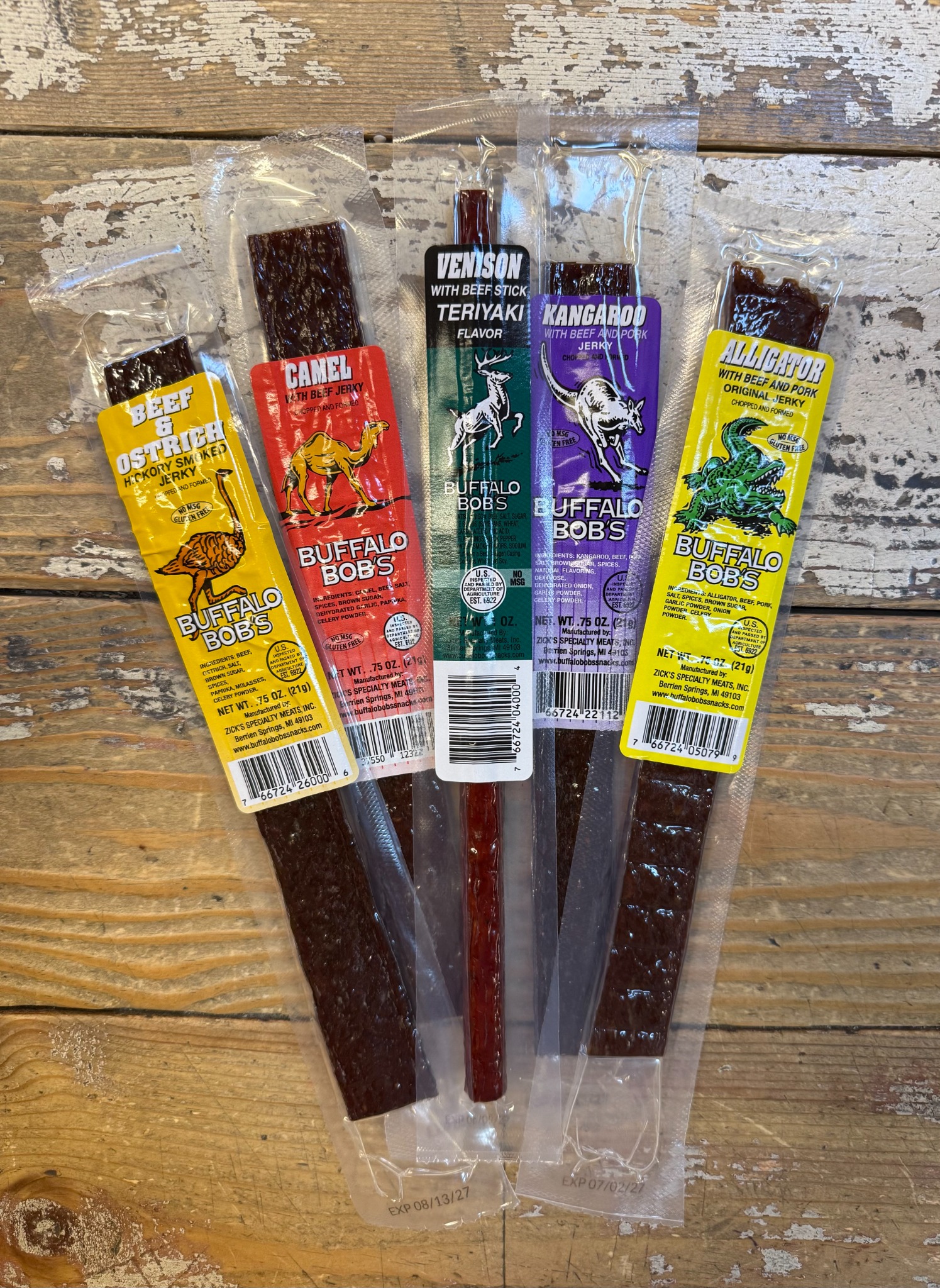Assortment of Buffalo Bob's packaged specialty jerky sticks